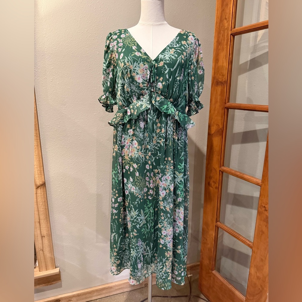 NWT LC Lauren Conrad Green Floral Midi Dress L Cottagecore Romantic